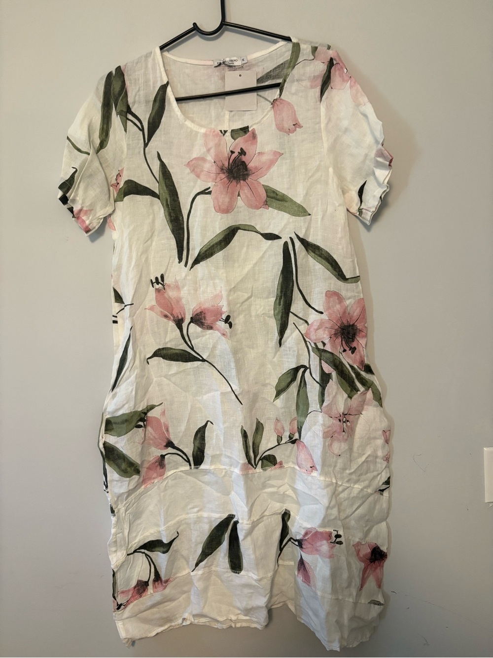 Linen Dress with Pink Floral Print Lightweight White